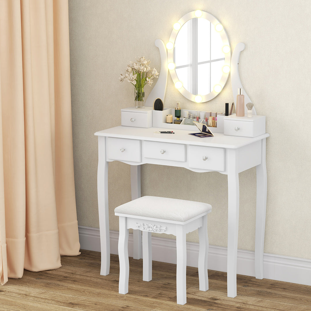 Vanity Table Set w/10 Light Bulbs and Touch Switch Makeup Dressing Table White/Brown/Black Image 7