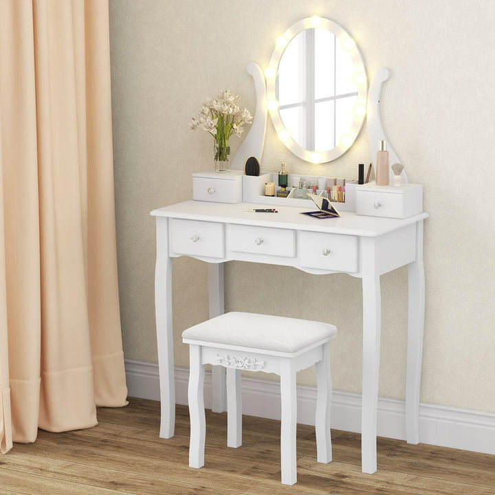 Vanity Table Set w/10 Light Bulbs and Touch Switch Makeup Dressing Table White/Brown/Black Image 1