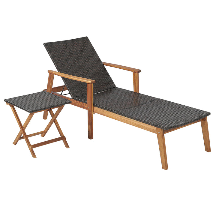 2PCS Patio Lounge Chair Adjustable Recliner Chair Acacia Wood Frame Folding Table Set Image 2