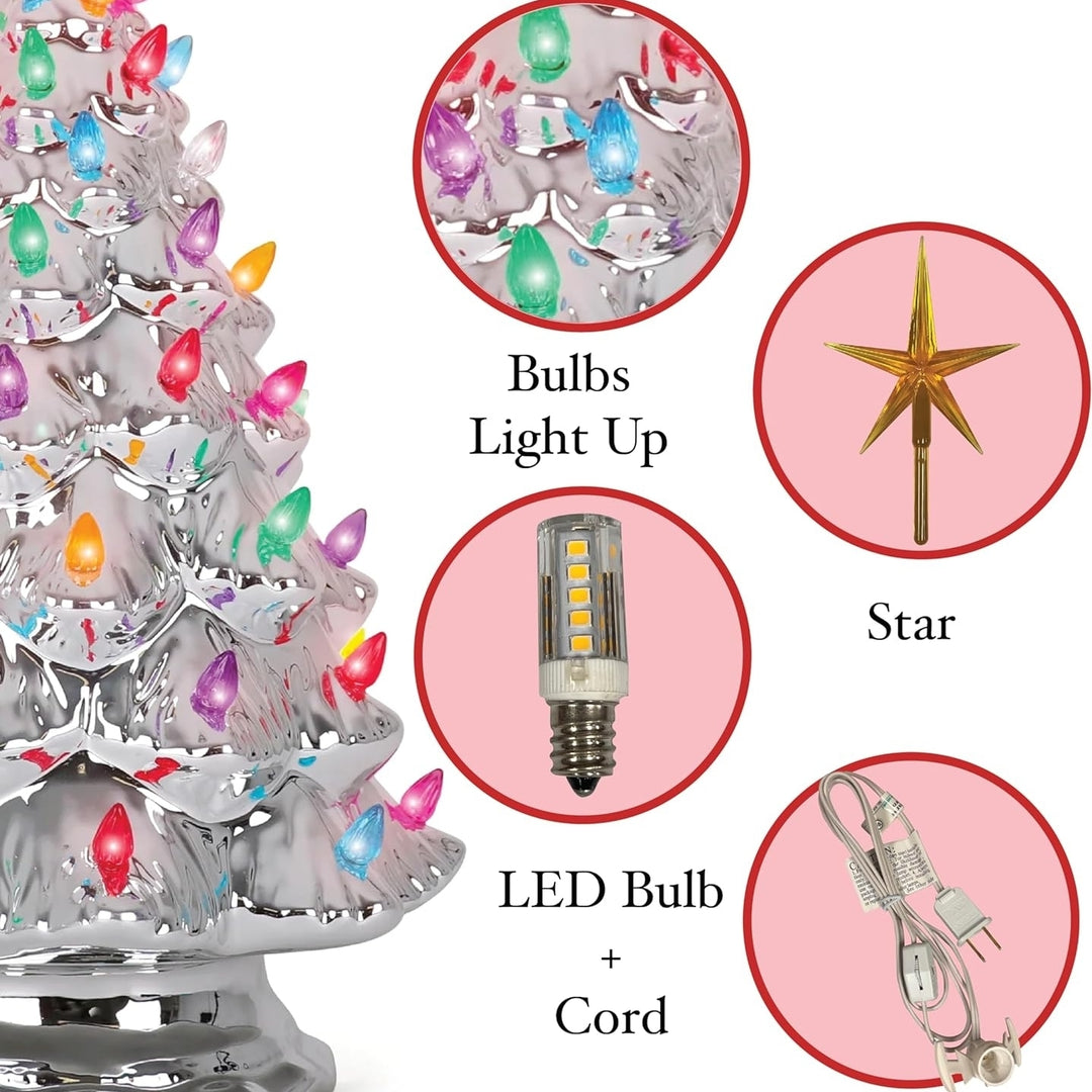 Ceramic Christmas Tree - Tabletop Christmas Tree with Lights - (15.5 inch Large Silver Christmas Tree / Multicolored Image 1