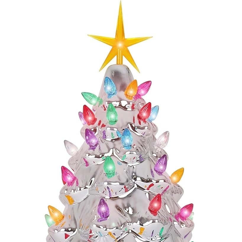 Ceramic Christmas Tree - Tabletop Christmas Tree with Lights - (15.5 inch Large Silver Christmas Tree / Multicolored Image 2