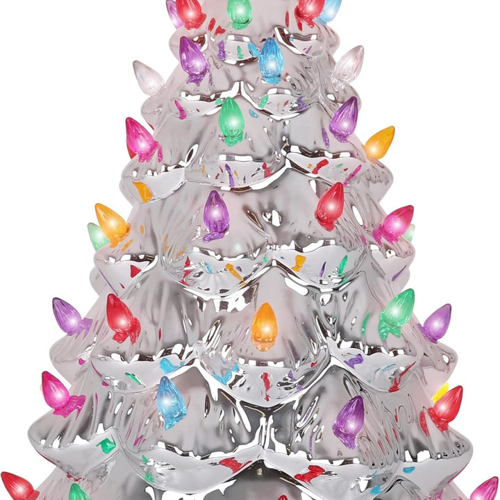 Ceramic Christmas Tree - Tabletop Christmas Tree with Lights - (15.5 inch Large Silver Christmas Tree / Multicolored Image 3