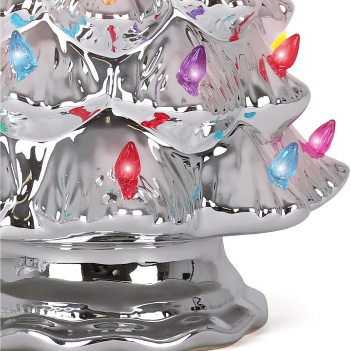 Ceramic Christmas Tree - Tabletop Christmas Tree with Lights - (15.5 inch Large Silver Christmas Tree / Multicolored Image 4