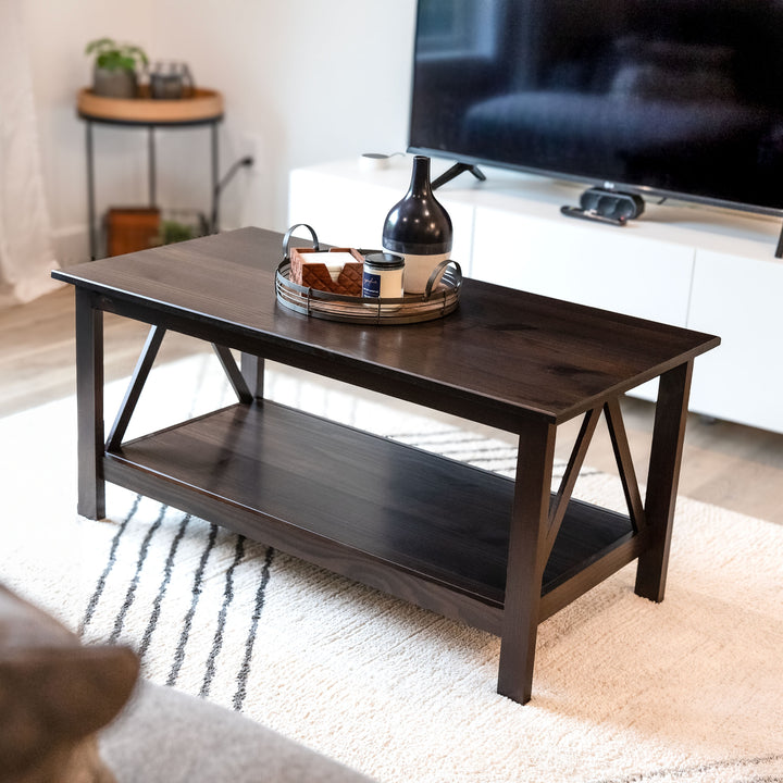 Sunnydaze Solid Pine Coffee Table with Shelf - Dark Brown - 43.5 in Image 2