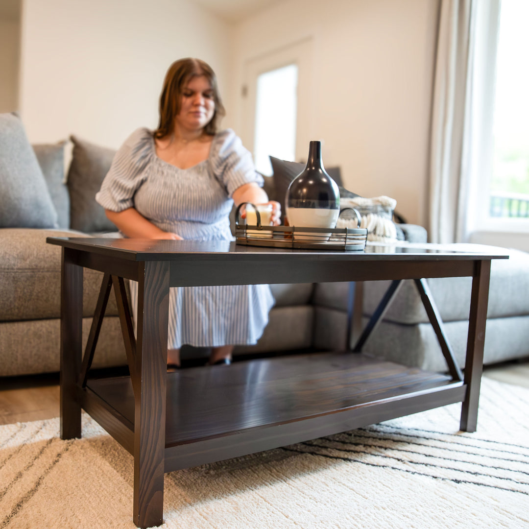 Sunnydaze Solid Pine Coffee Table with Shelf - Dark Brown - 43.5 in Image 12