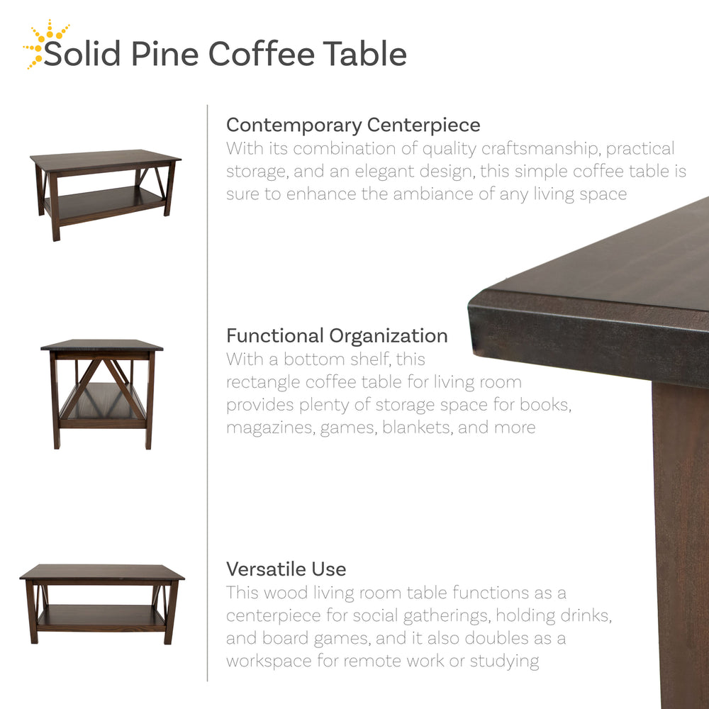 Sunnydaze Solid Pine Coffee Table with Shelf - Dark Brown - 43.5 in Image 2