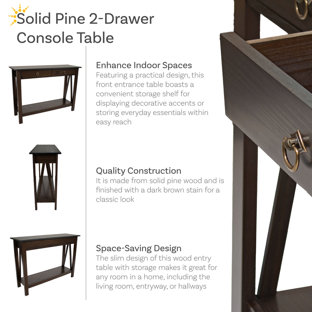 Sunnydaze Solid Pine 2-Drawer Console Table - 42 in - Dark Brown Image 2