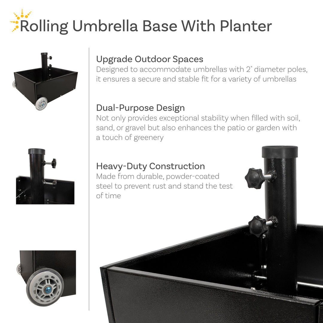 Sunnydaze Outdoor Umbrella Base with Fillable Planter and Wheels - Black Image 2