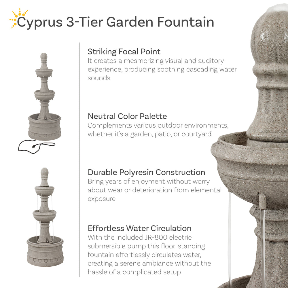 Sunnydaze Cyprus 3-Tier Polyresin Outdoor Fountain - Gray Image 2