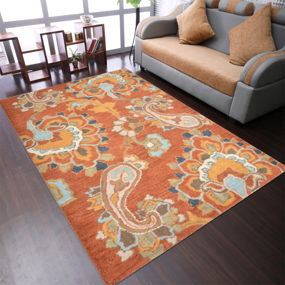 Hand Tufted Wool Area Rug Floral Rust High Pile Eco-Friendly 5x8 K00151 Image 1