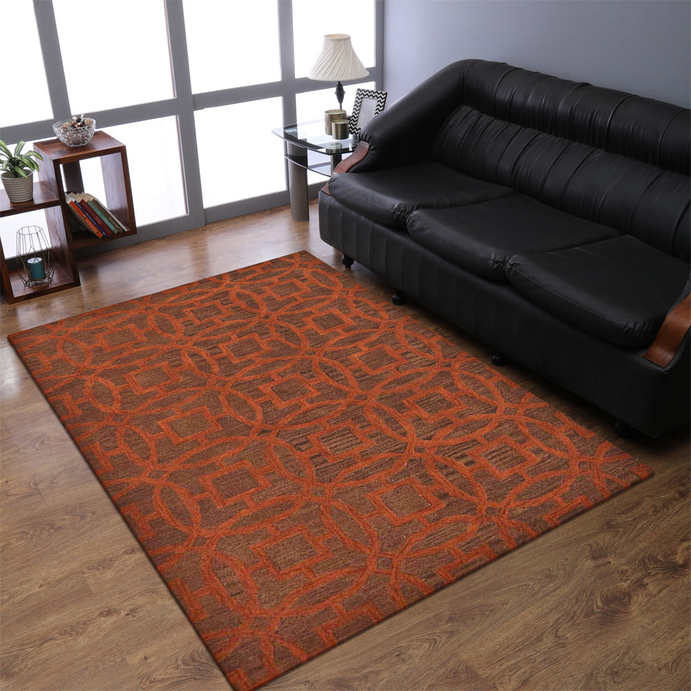 Hand Tufted Wool Area Rug Brown Orange Geometric Design K00239 5x7 Eco Friendly Image 1