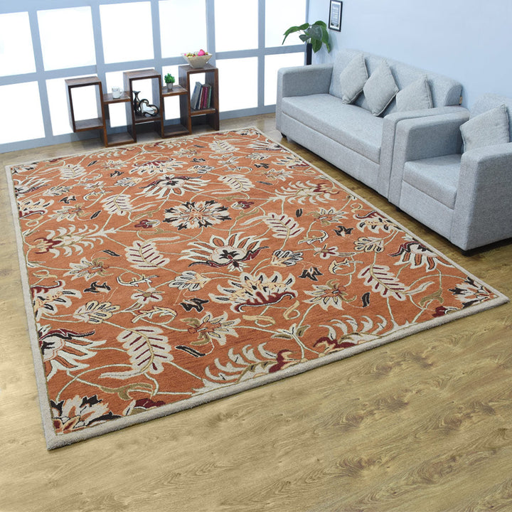 Hand Tufted Wool Area Rug Floral Orange K00268 Eco-Friendly High Pile 5x8 Image 1