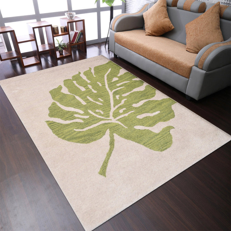 Hand Tufted Wool Area Rug Beige Green Floral Design K00716 5x8 Eco-Friendly Image 1