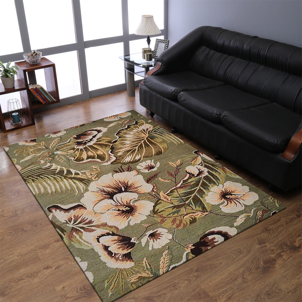 Hand Tufted Wool Area Rug Green Floral K00903 Soft High Pile Anti-Slip Backing Image 1