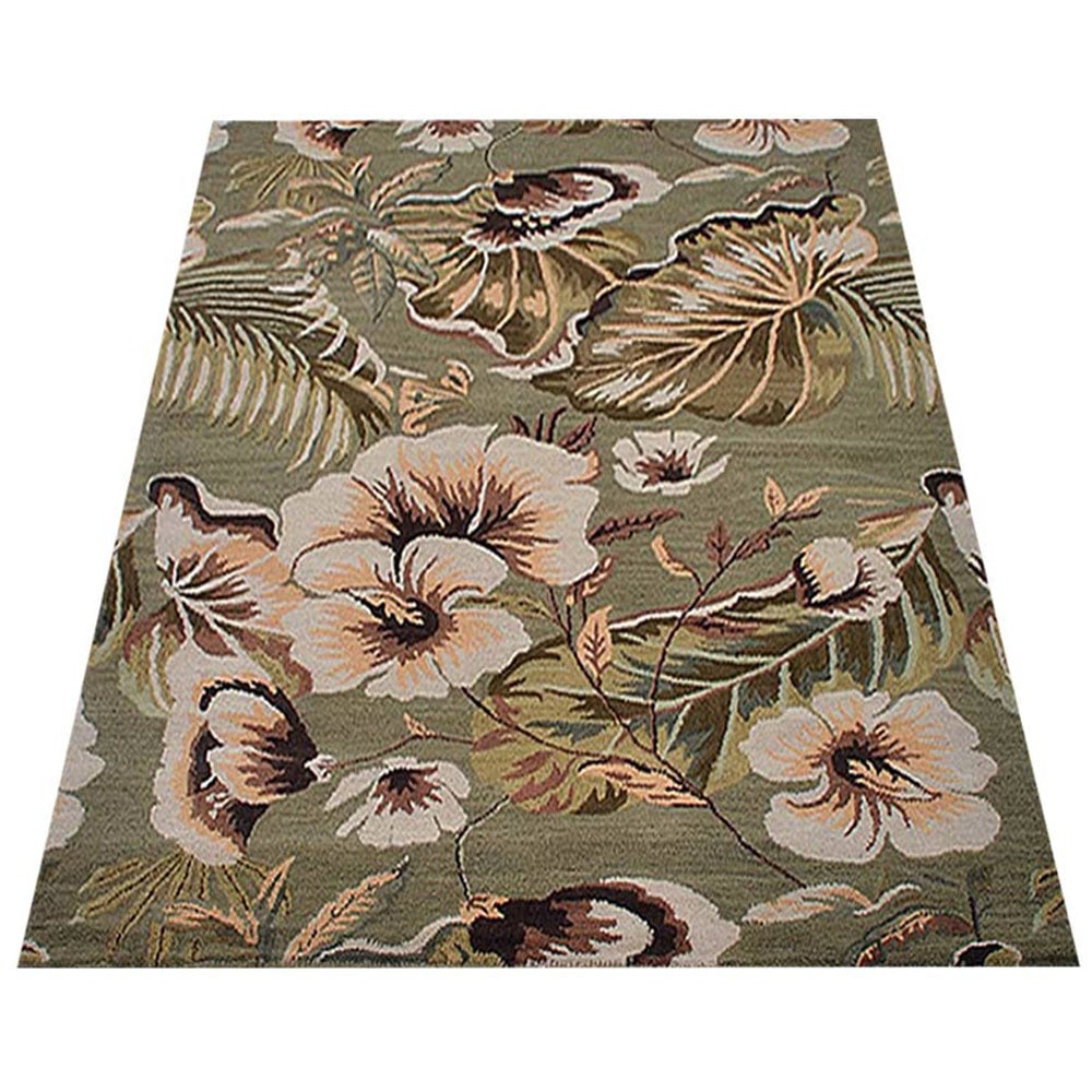 Hand Tufted Wool Area Rug Green Floral K00903 Soft High Pile Anti-Slip Backing Image 3