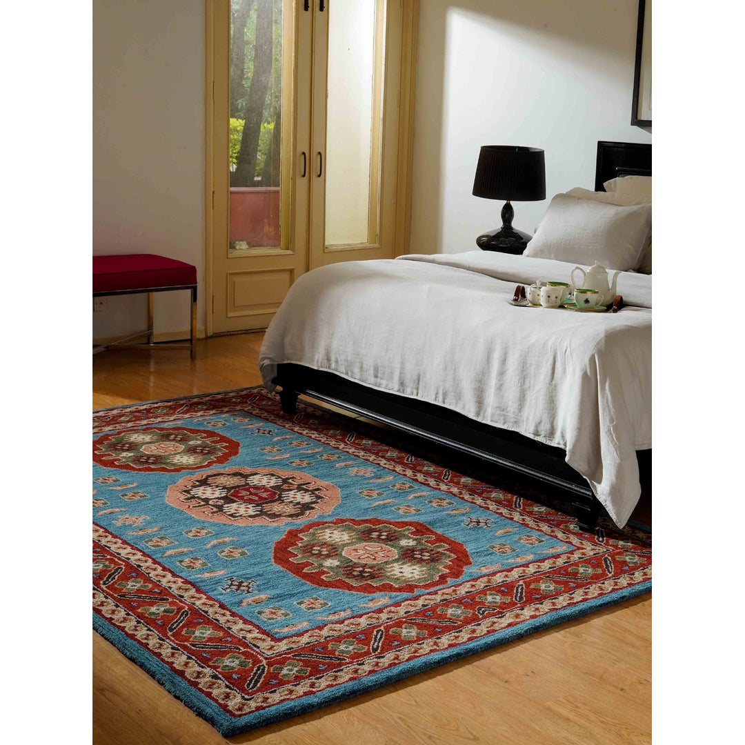 Hand Tufted Wool Area Rug Light Blue Red 8x10 Eco-Friendly Model K00S15 Image 1