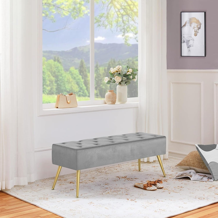 Yaheetech Modern Ottoman Bench Velvet Bench Upholstered Footrest with Gold Metal Legs and Padded Seat Gray Image 1