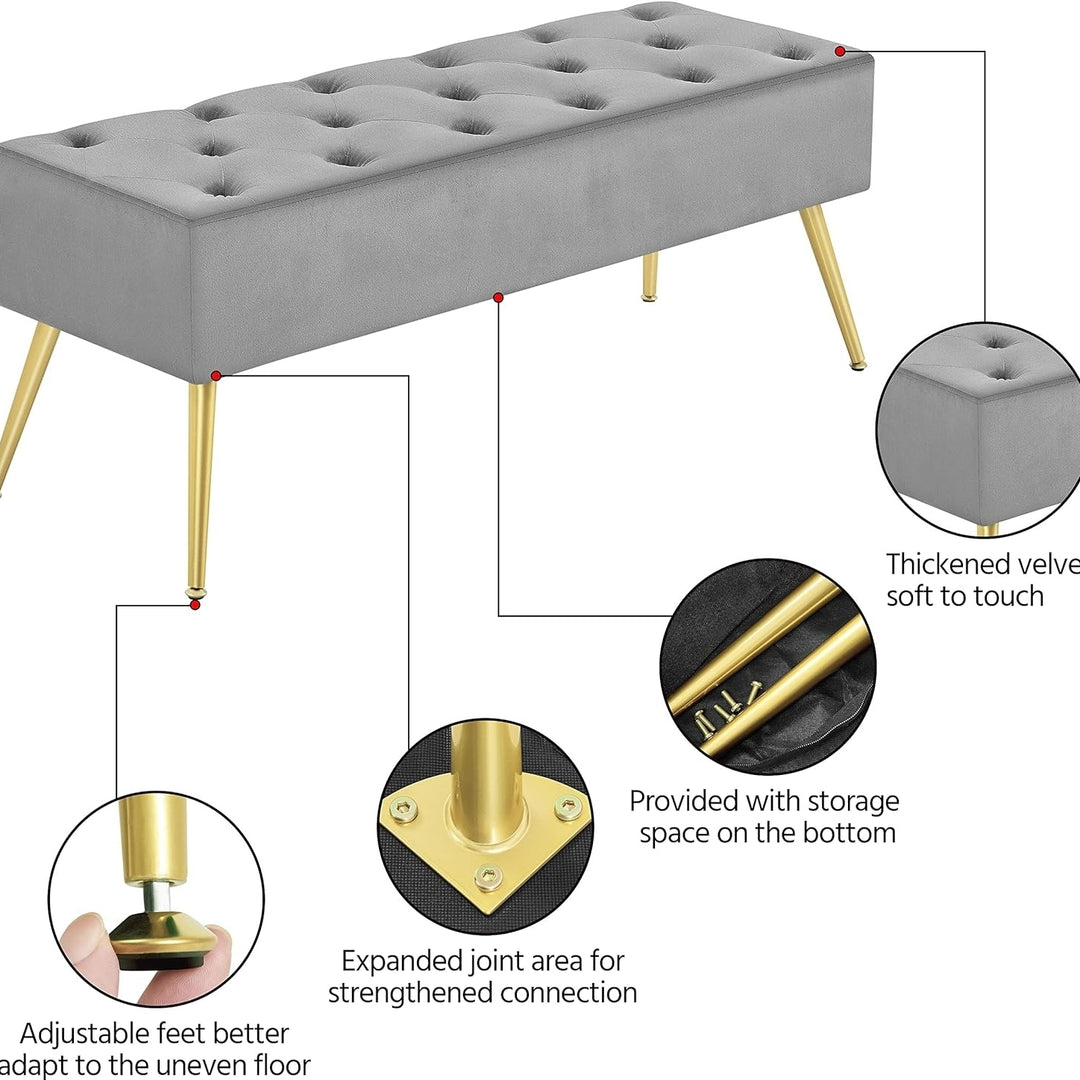 Yaheetech Modern Ottoman Bench Velvet Bench Upholstered Footrest with Gold Metal Legs and Padded Seat Gray Image 4