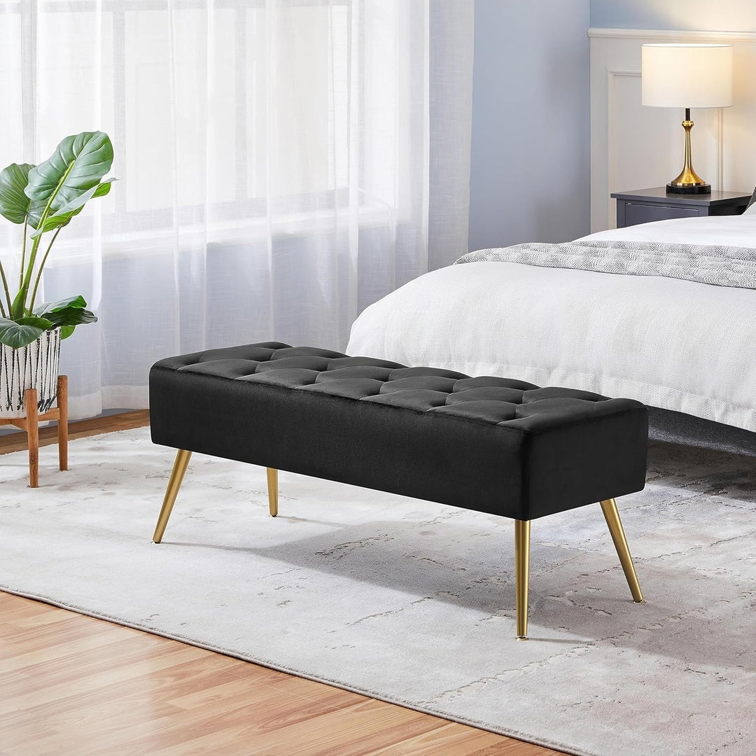 Yaheetech Modern Ottoman Bench Velvet Bench Upholstered Footrest with Gold Metal Legs and Padded Seat Dark Gray Image 2