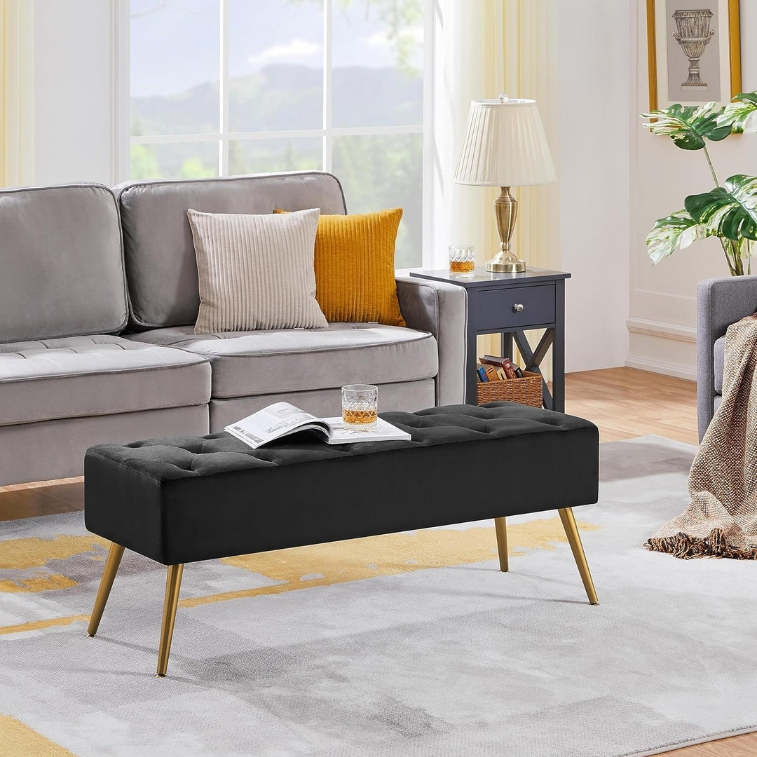 Yaheetech Modern Ottoman Bench Velvet Bench Upholstered Footrest with Gold Metal Legs and Padded Seat Dark Gray Image 3