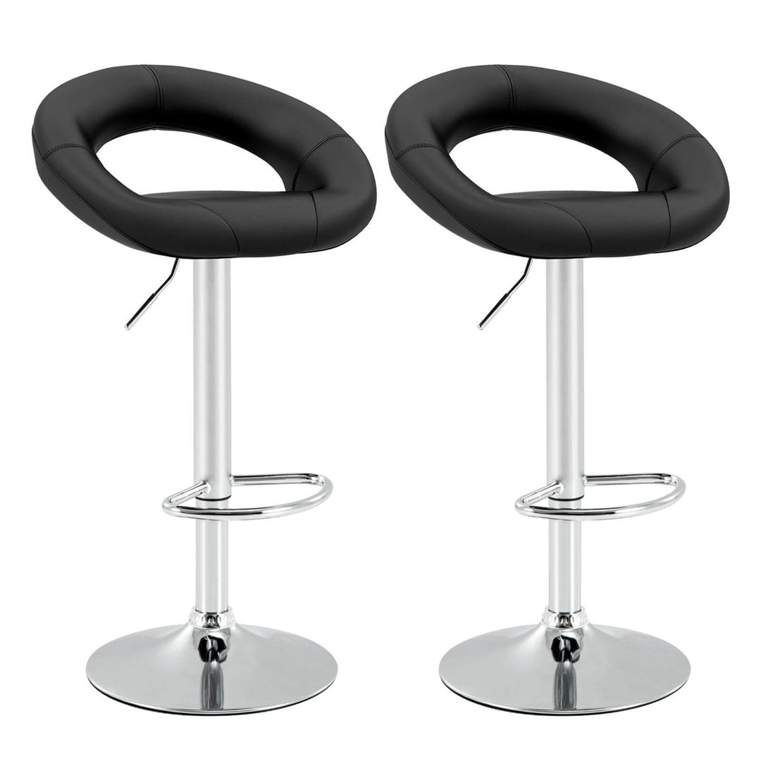 Set of 2 Bar Stools Adjustable PU Leather Barstools Swivel Pub Chairs Black  Low Back Image 1