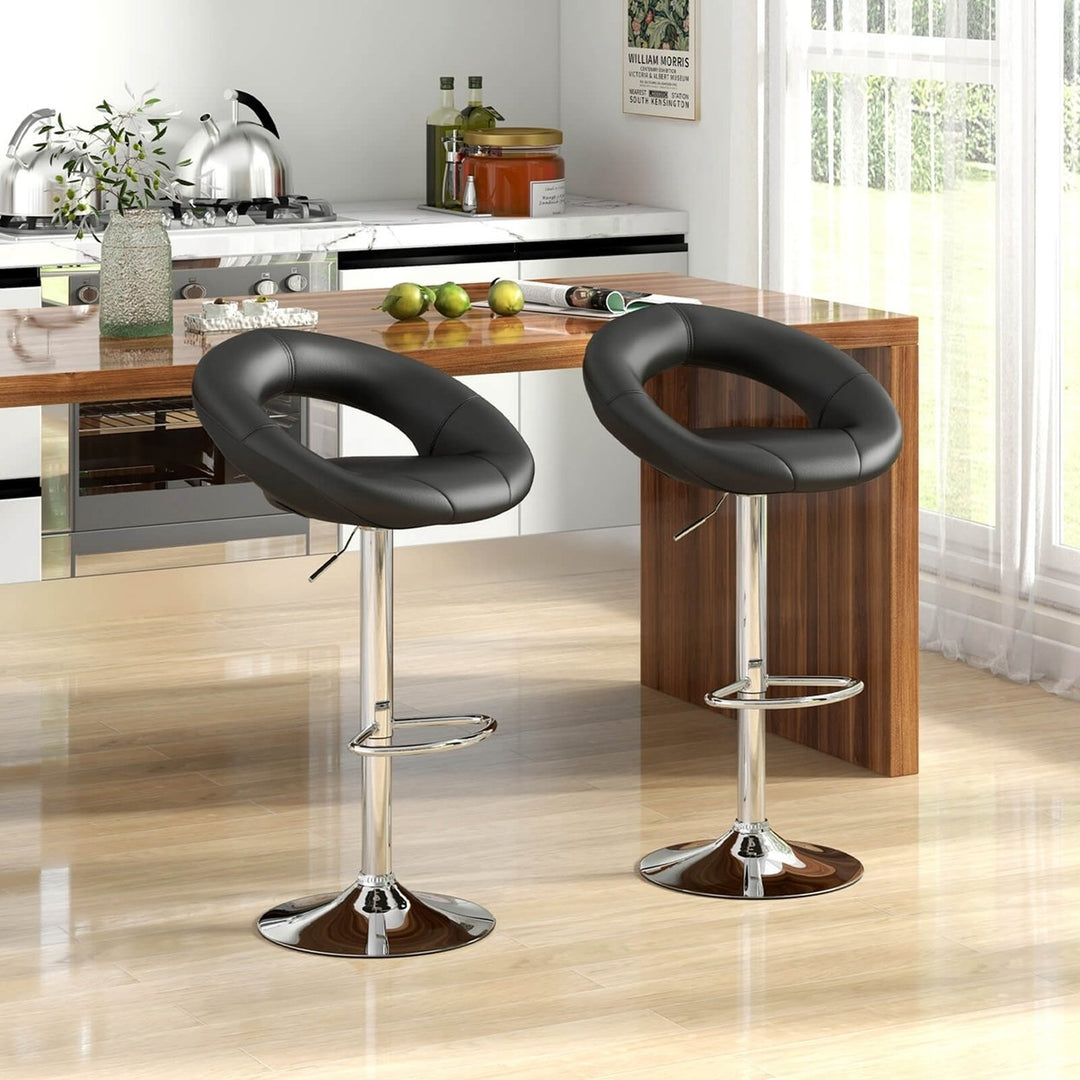 Set of 2 Bar Stools Adjustable PU Leather Barstools Swivel Pub Chairs Black  Low Back Image 4