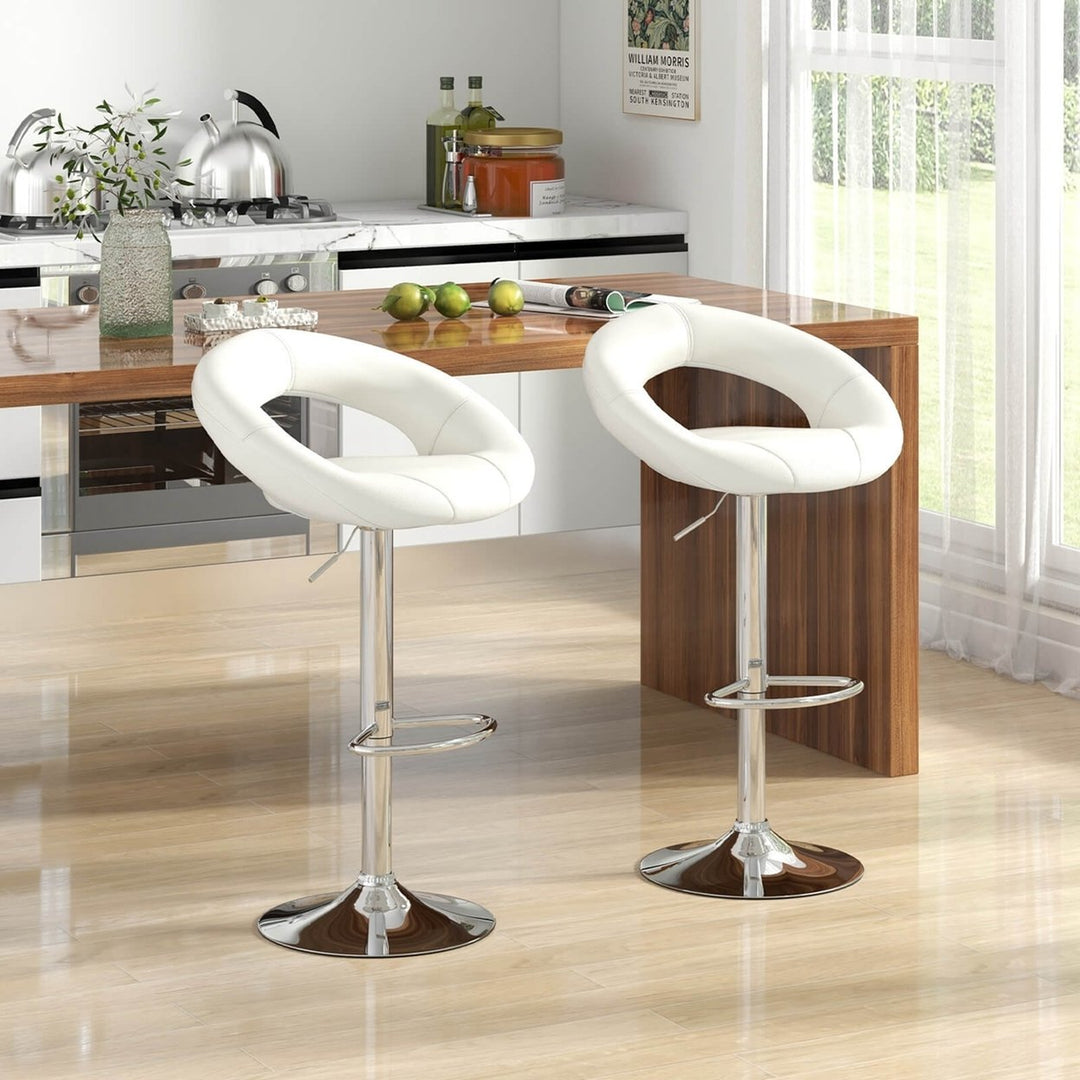 Set of 2 Bar Stools Adjustable PU Leather Barstools Swivel Pub Chairs White Image 2