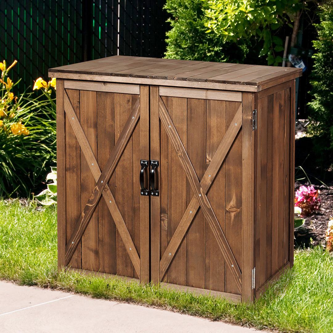 Storage Cabinet with Double Doors Solid Fir Wood Tool Shed Garden Organizer Image 1