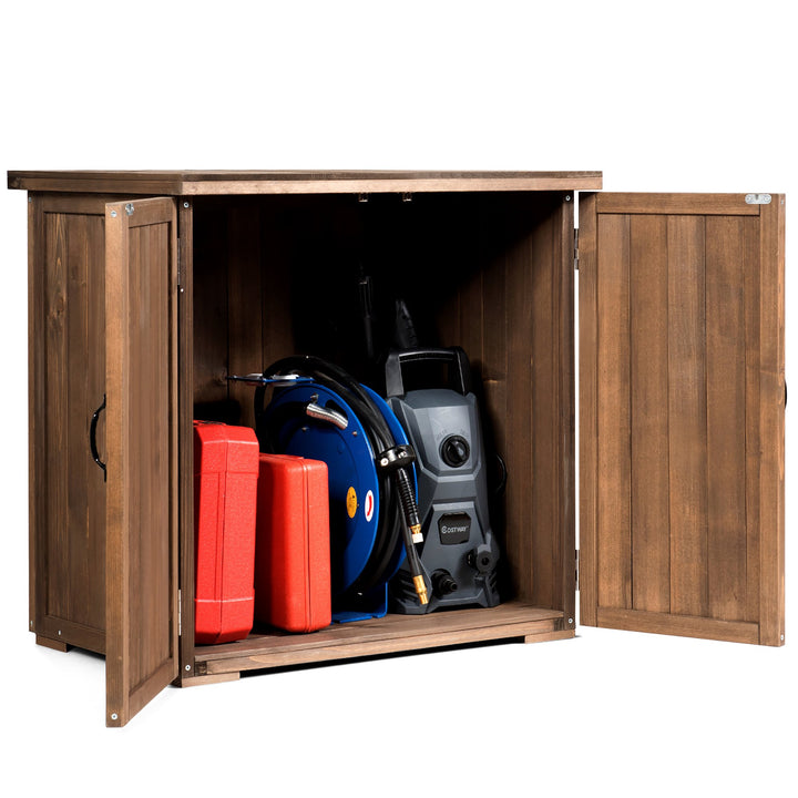 Storage Cabinet with Double Doors Solid Fir Wood Tool Shed Garden Organizer Image 9