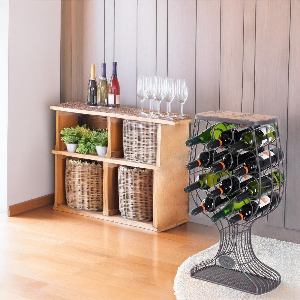 Freestanding Wine Rack Wood Metal Goblet Design Holds 12 Bottles Cork Holder Image 2