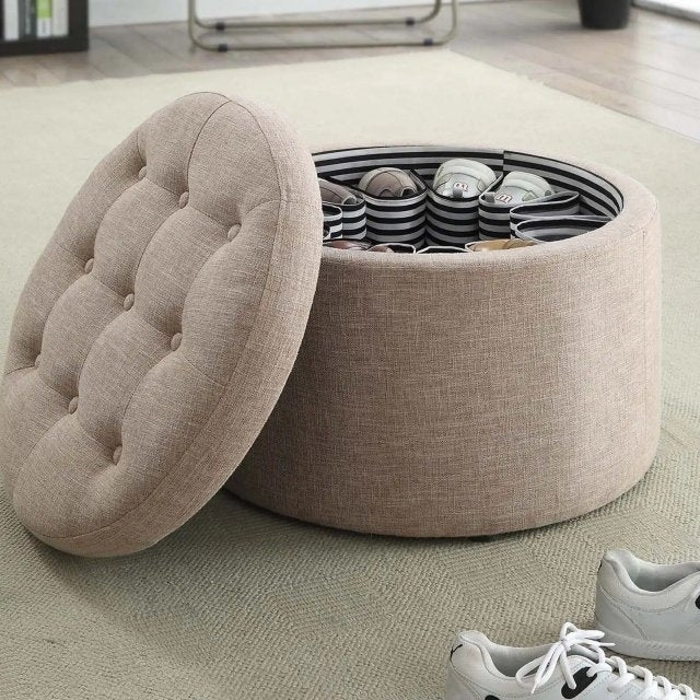 Elegant Tan Fabric Round Ottoman with Shoe Storage and Removable Lid Image 1