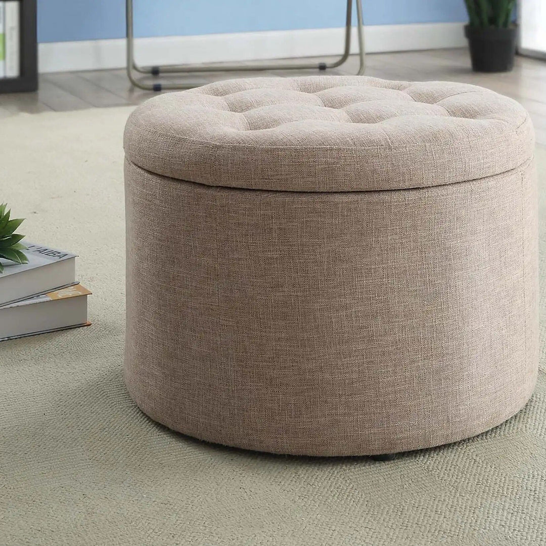 Elegant Tan Fabric Round Ottoman with Shoe Storage and Removable Lid Image 2