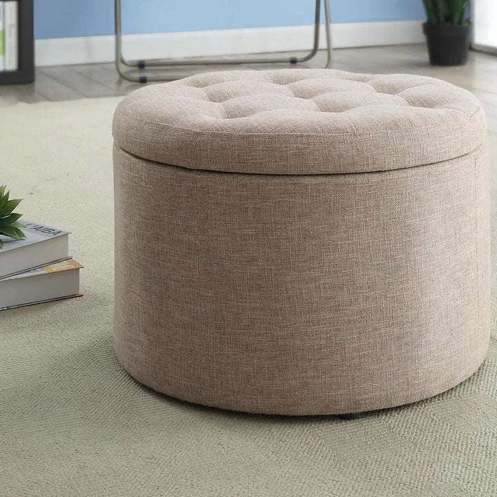 Elegant Tan Fabric Round Ottoman with Shoe Storage and Removable Lid Image 2