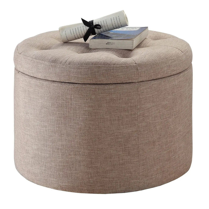 Elegant Tan Fabric Round Ottoman with Shoe Storage and Removable Lid Image 3