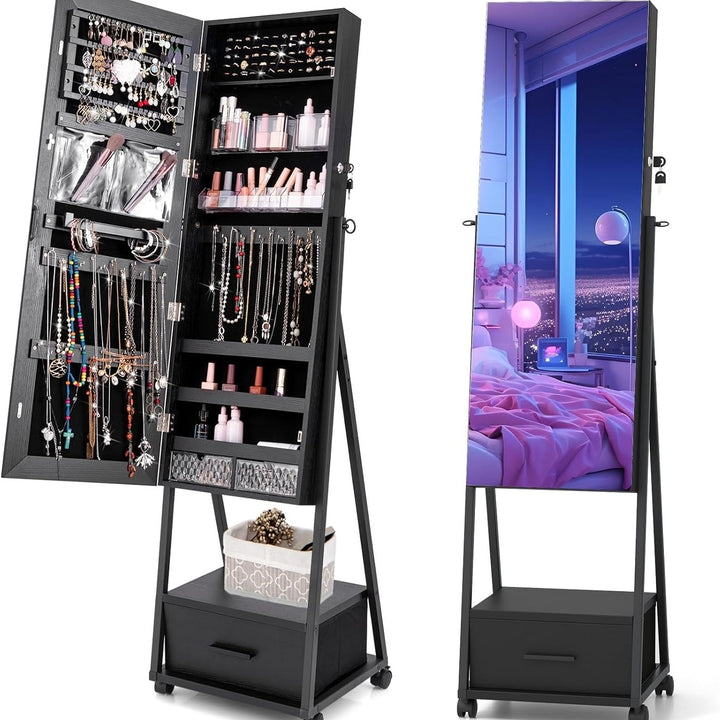 CHARMAID Rolling Jewelry Cabinet with Full Length Mirror, 62 Floor Standing Jewelry Armoire with Wheels and Metal Frame, Image 1