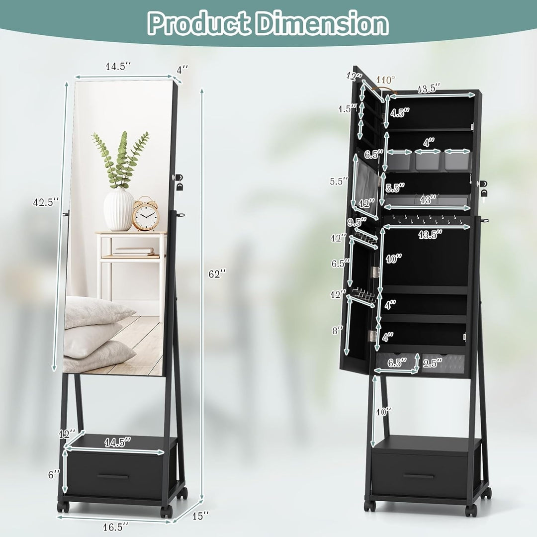 CHARMAID Rolling Jewelry Cabinet with Full Length Mirror, 62 Floor Standing Jewelry Armoire with Wheels and Metal Frame, Image 5