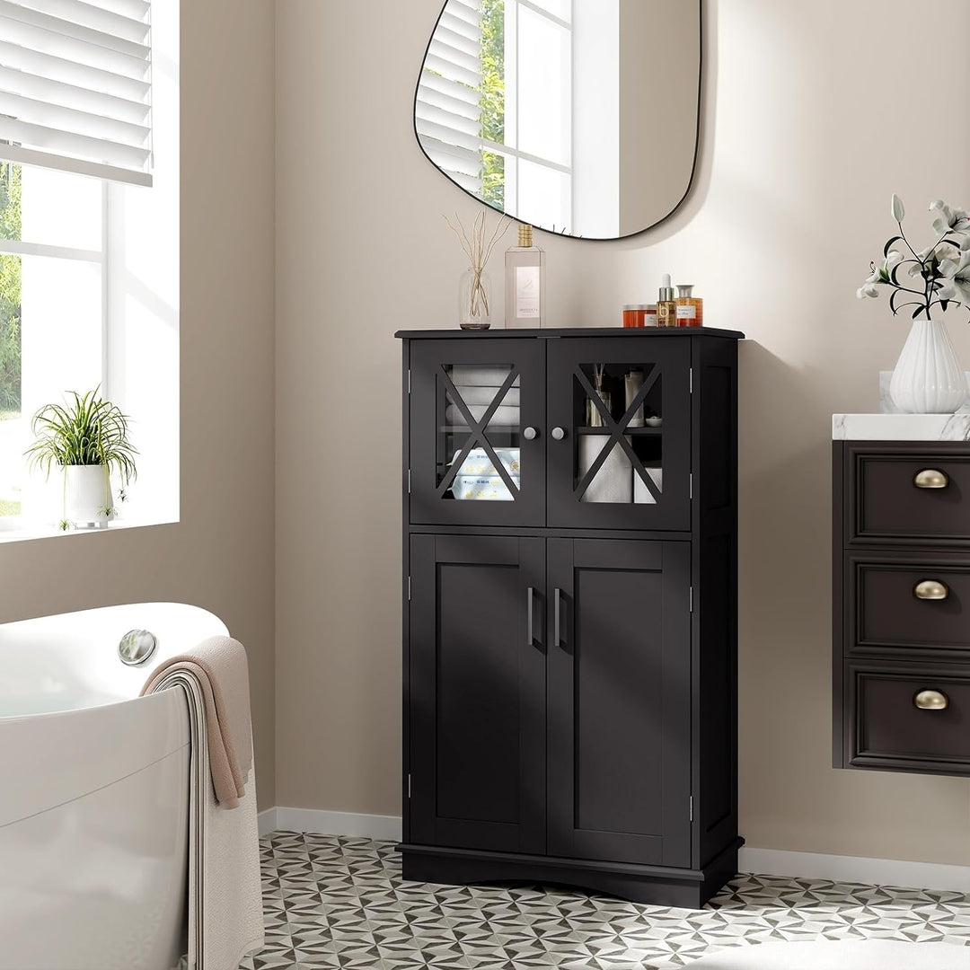 Giantex Bathroom Floor Storage Cabinet - Linen Floor Cabinet with Doors and Adjustable Shelves, Freestanding Side Image 1