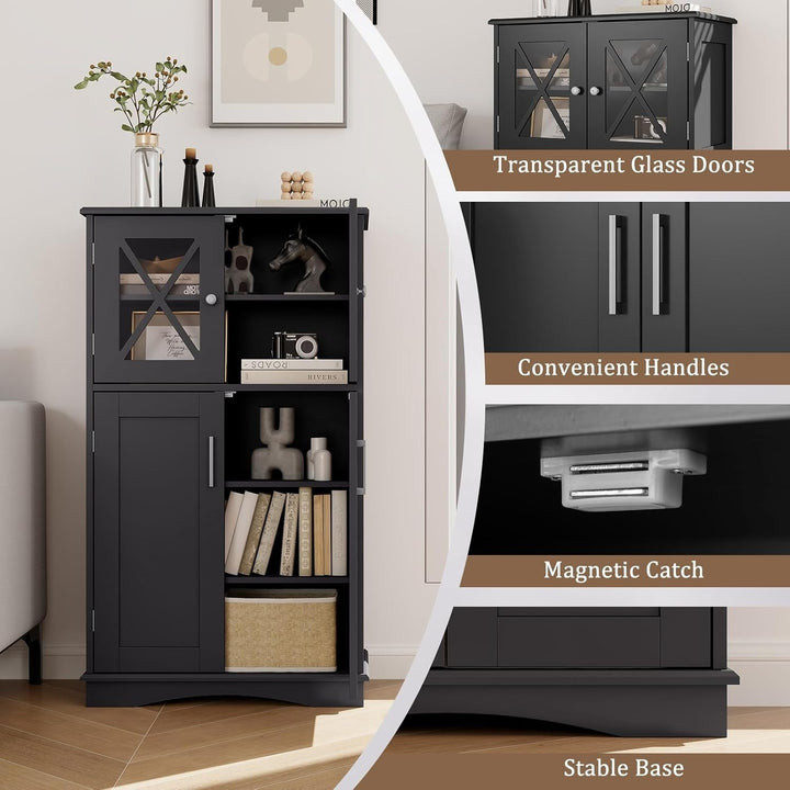 Giantex Bathroom Floor Storage Cabinet - Linen Floor Cabinet with Doors and Adjustable Shelves, Freestanding Side Image 5