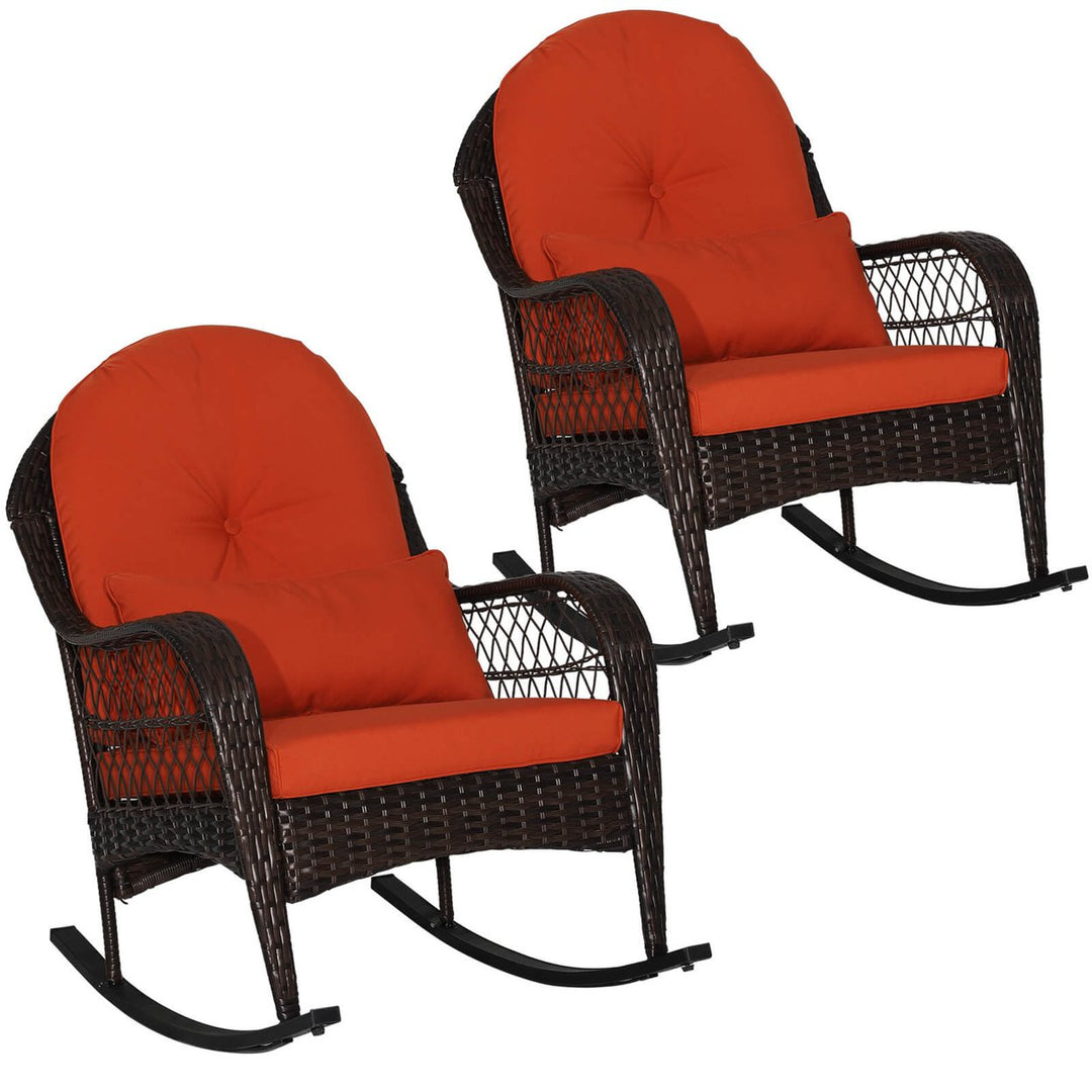 2PCS Outdoor Patio Rattan Wicker Rocking Chair Rocker Cushion Pillow Garden Deck Image 1