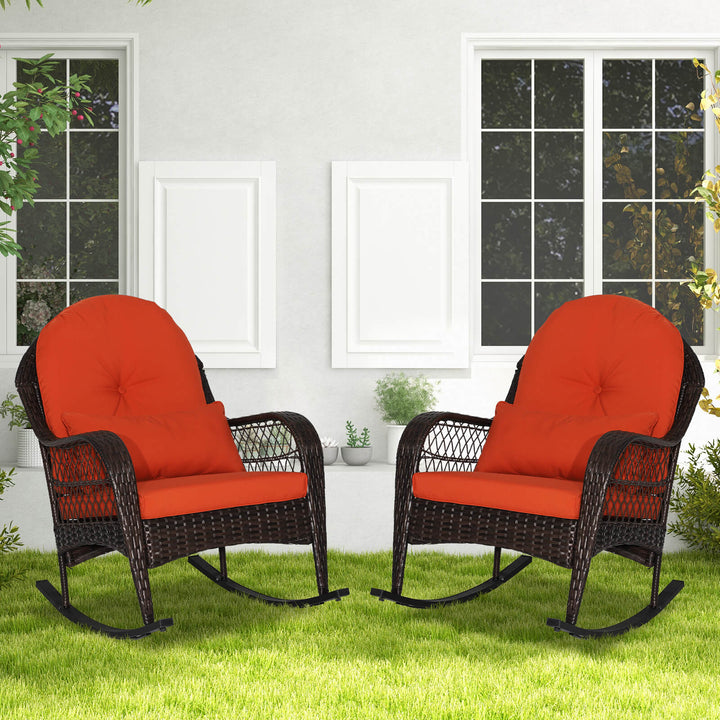 2PCS Outdoor Patio Rattan Wicker Rocking Chair Rocker Cushion Pillow Garden Deck Image 2