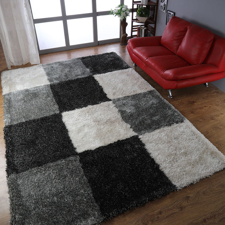 Rugsotic Hand Tufted Shag Area Rug 6x9 Geometric Black Silver Polyester K00018 Image 1