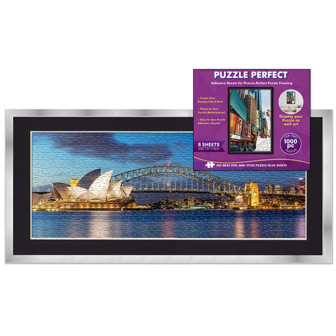 Silver Wood Puzzle Frame Kit with Glue Sheets, Black Mat, Backing, UV Acrylic - Available in 20 Popular Sizes Image 1