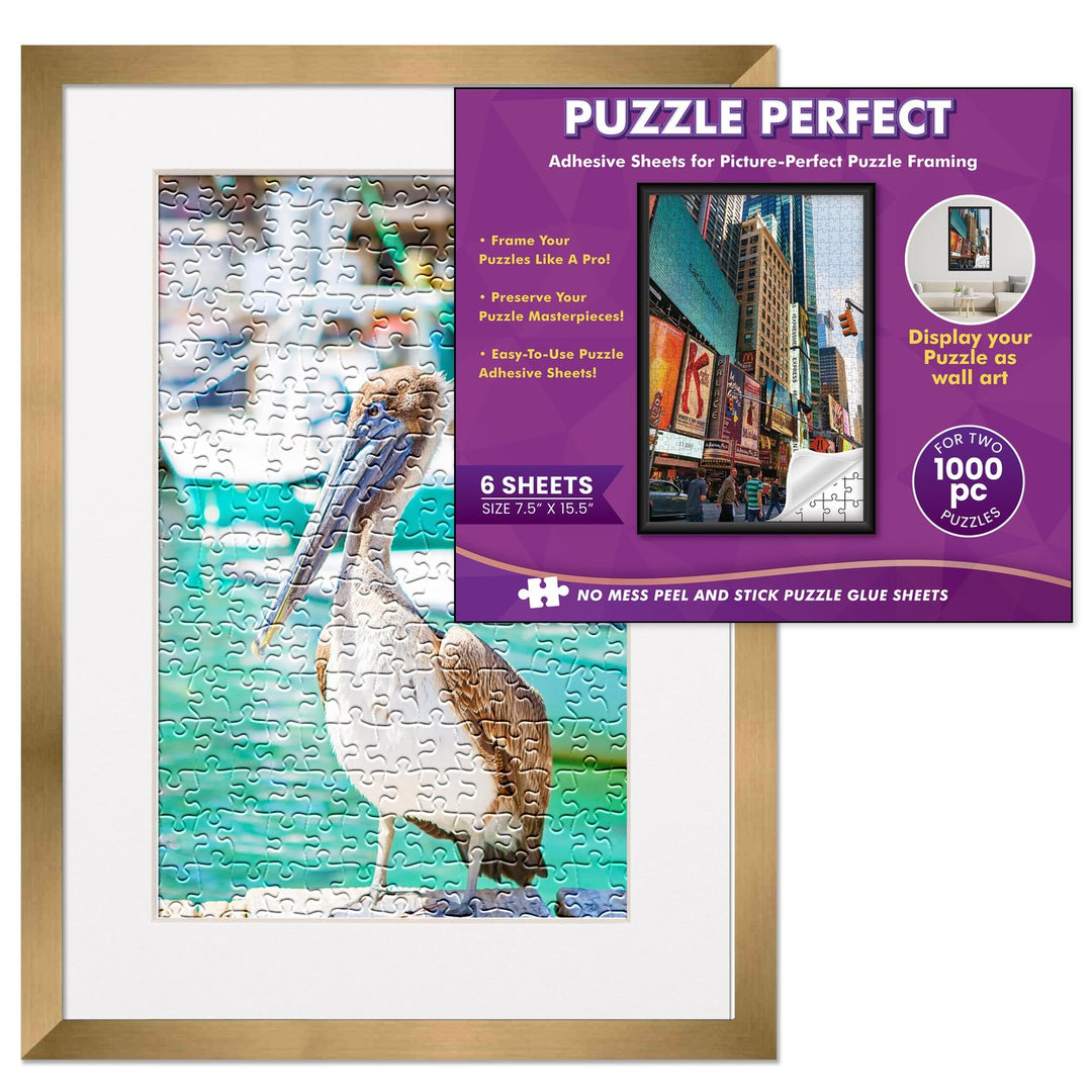 Bronze Wood Puzzle Frame Kit with Glue Sheets, White Mat, Backing, UV Acrylic - Available in 20 Popular Sizes Image 1