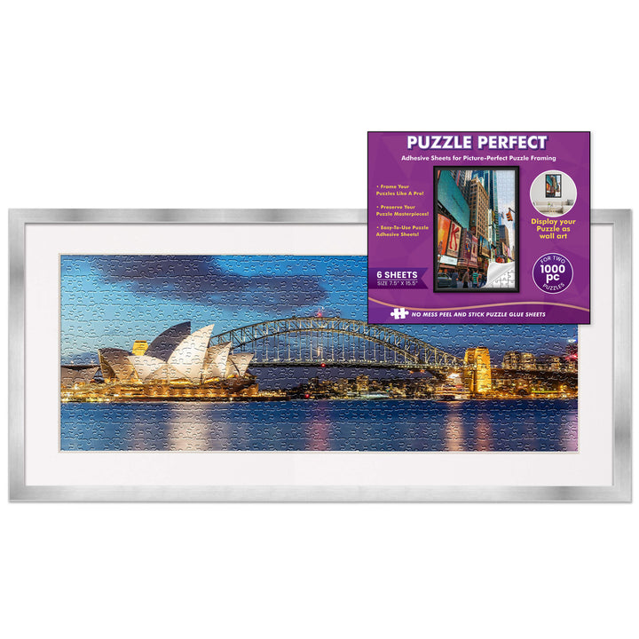 Silver Wood Puzzle Frame Kit with Glue Sheets, White Mat, Backing, UV Acrylic - Available in 20 Popular Sizes Image 1