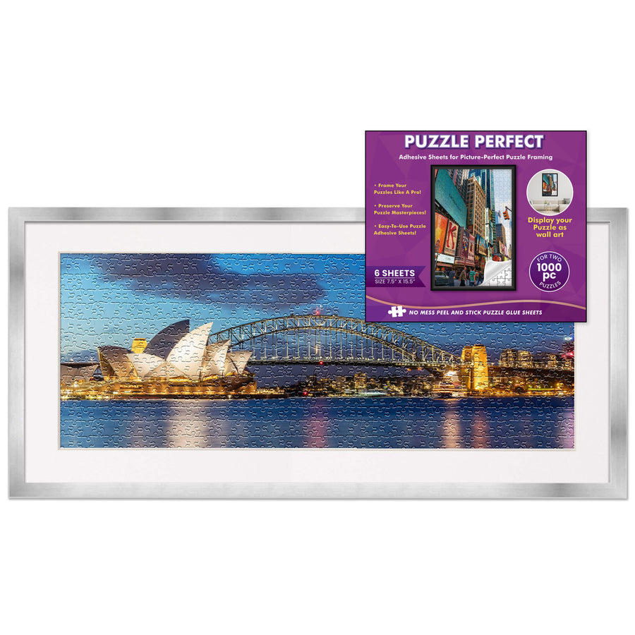 Silver Wood Puzzle Frame Kit with Glue Sheets, White Mat, Backing, UV Acrylic - Available in 20 Popular Sizes Image 1