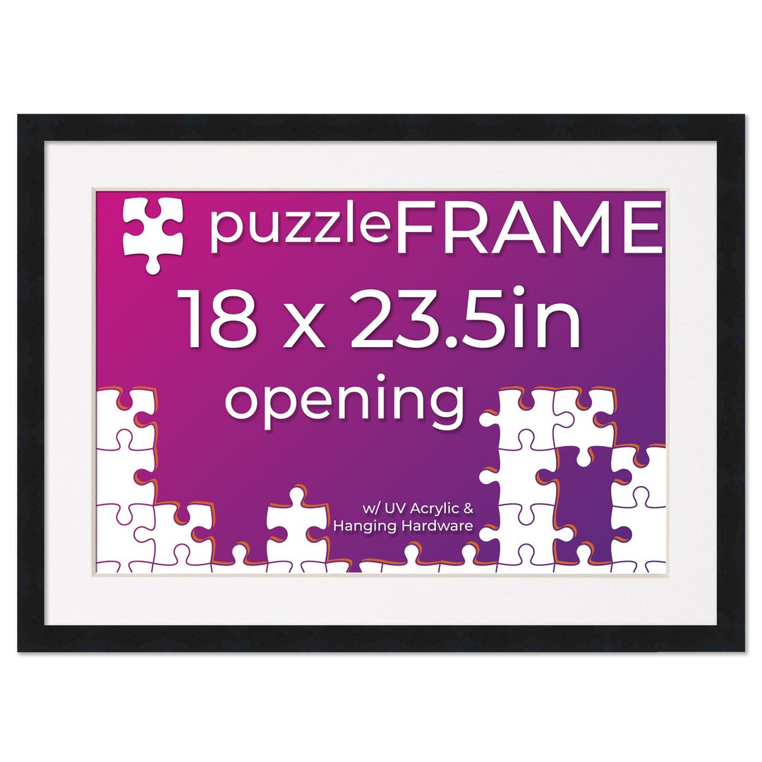 Black Wood Puzzle Frame Kit with Glue Sheets, White Mat, Backing, UV Acrylic - Available in 20 Popular Sizes Image 1