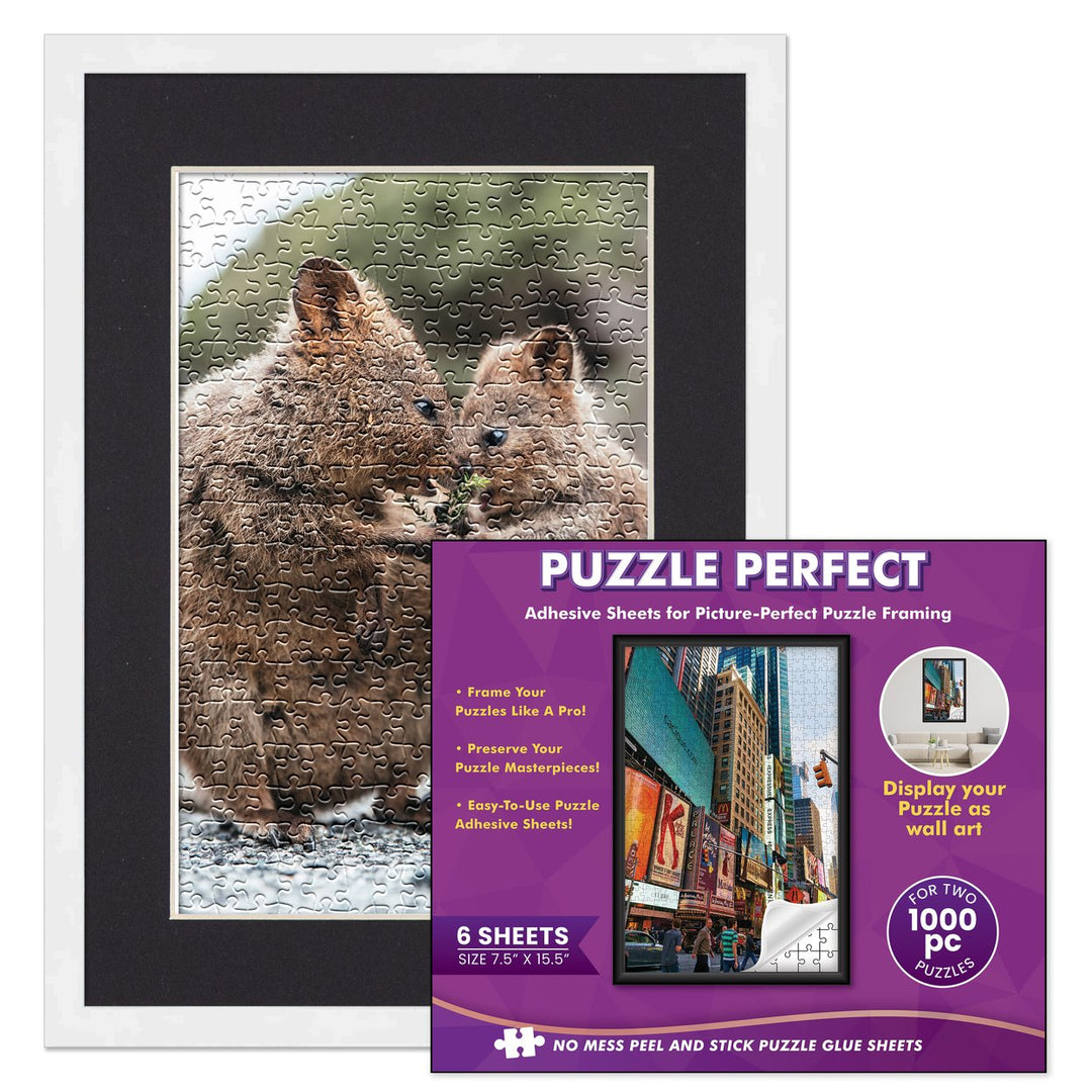 White Wood Puzzle Frame Kit with Glue Sheets, Black Mat, Backing, UV Acrylic - Available in 20 Popular Sizes Image 1