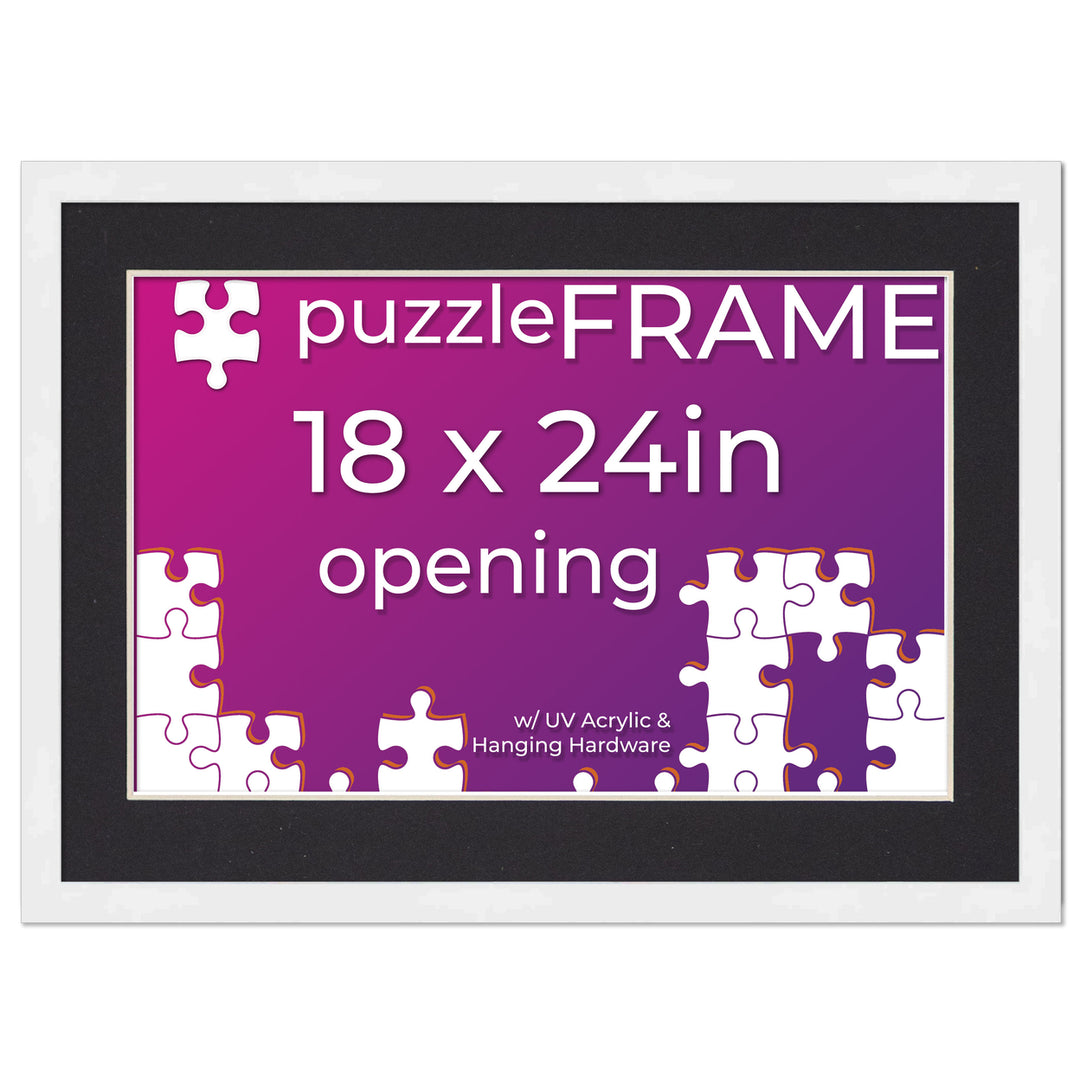 White Wood Puzzle Frame Kit with Glue Sheets, Black Mat, Backing, UV Acrylic - Available in 20 Popular Sizes Image 2