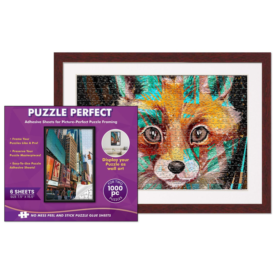 Brown Wood Puzzle Frame Kit with Glue Sheets, White Mat, Backing, UV Acrylic - Available in 20 Popular Sizes Image 1