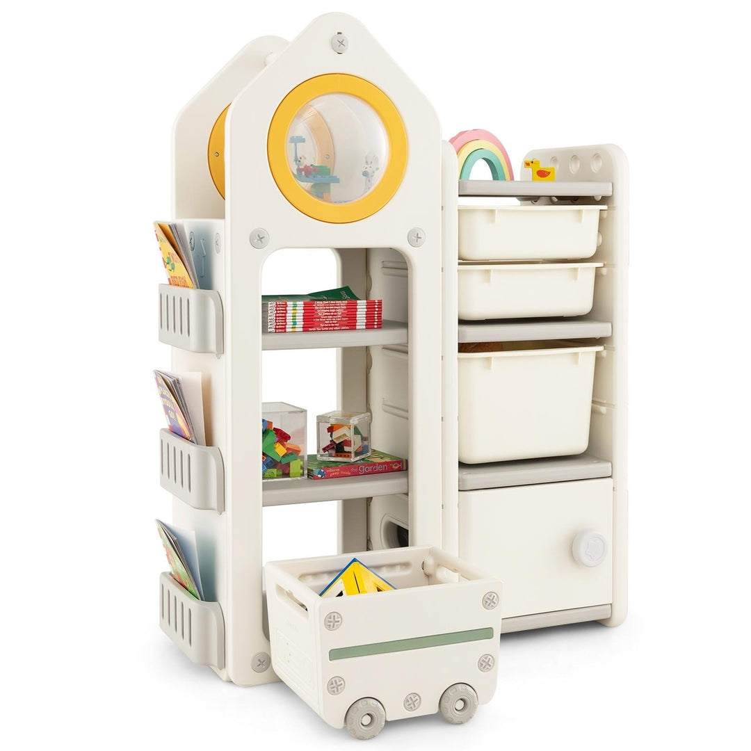 Kids Toy Storage Organizer Multipurpose Bookshelf w/ Cabinets and Mobile Trolley Image 1